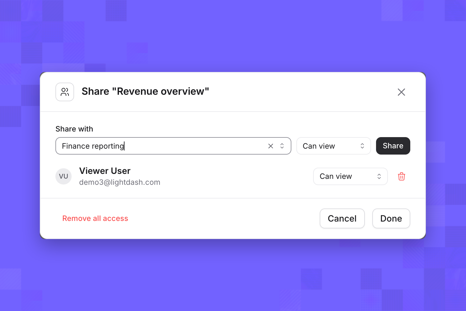 Finance reporting selected in Share with, with Can view chosen and the Share button enabled