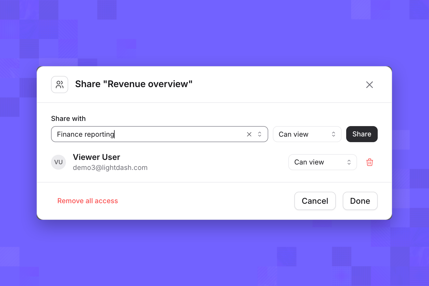 Finance reporting selected in Share with, with Can view chosen and the Share button enabled