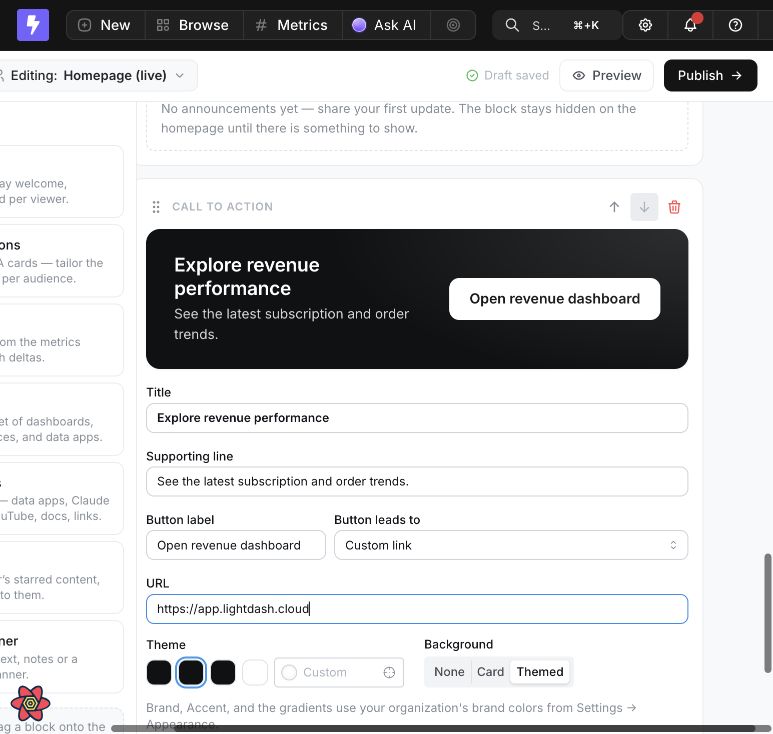 The Homepage builder customizing a Call to action with a title, supporting line, button label, custom URL, accent theme, and themed background
