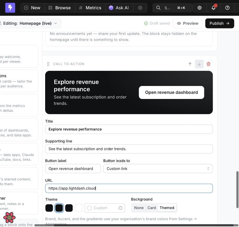 The Homepage builder customizing a Call to action with a title, supporting line, button label, custom URL, accent theme, and themed background
