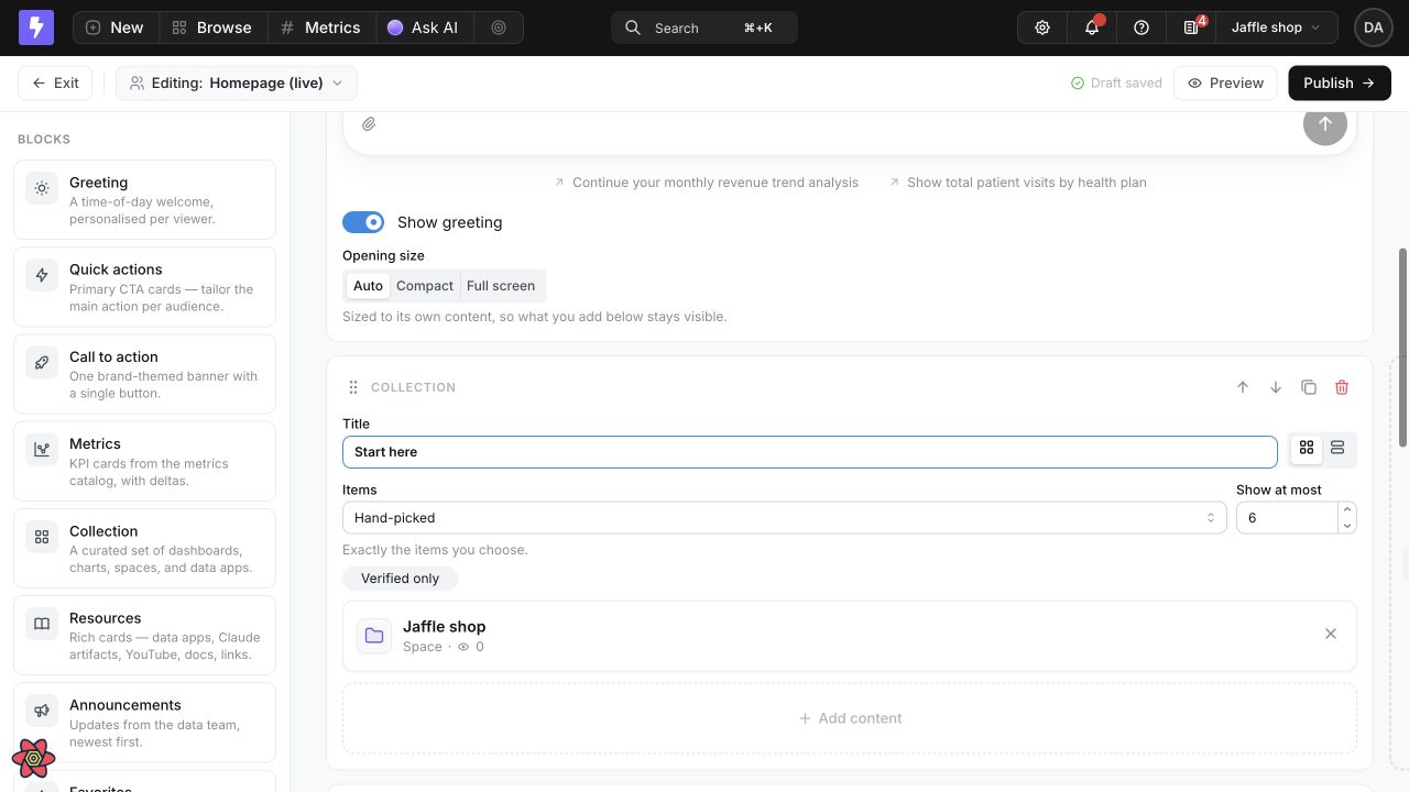 The Homepage builder configuring a hand-picked Start here Collection with card or list layout, an item limit, a verified-only filter, a selected Space, and an Add content control
