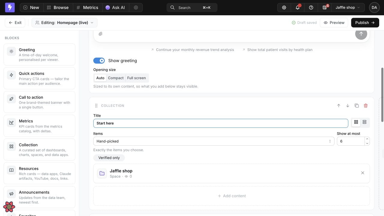 The Homepage builder configuring a hand-picked Start here Collection with card or list layout, an item limit, a verified-only filter, a selected Space, and an Add content control