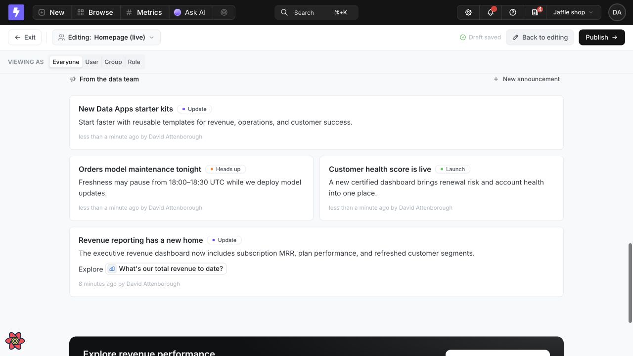 Homepage preview showing four published Data Announcements across Launch, Update, and Heads up categories, including a linked revenue chart mention