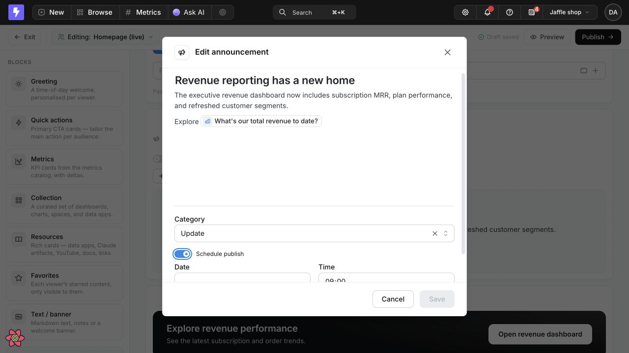 The Edit announcement dialog with a title, rich body, mentioned revenue chart, Update category, and scheduled publication controls