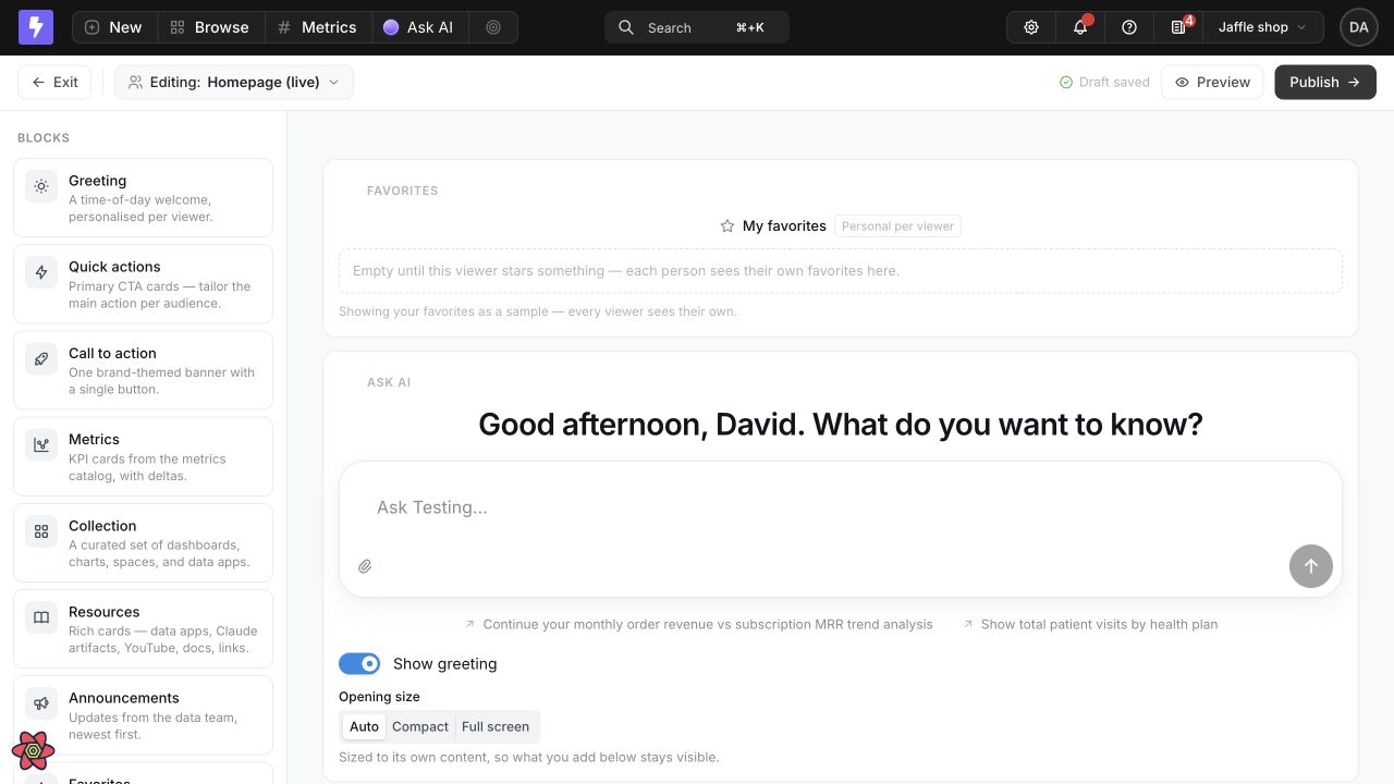 The Homepage builder with the block library on the left, a live editing canvas, draft status, Preview, and Publish controls