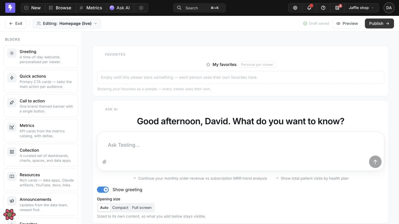 The Homepage builder with the block library on the left, a live editing canvas, draft status, Preview, and Publish controls