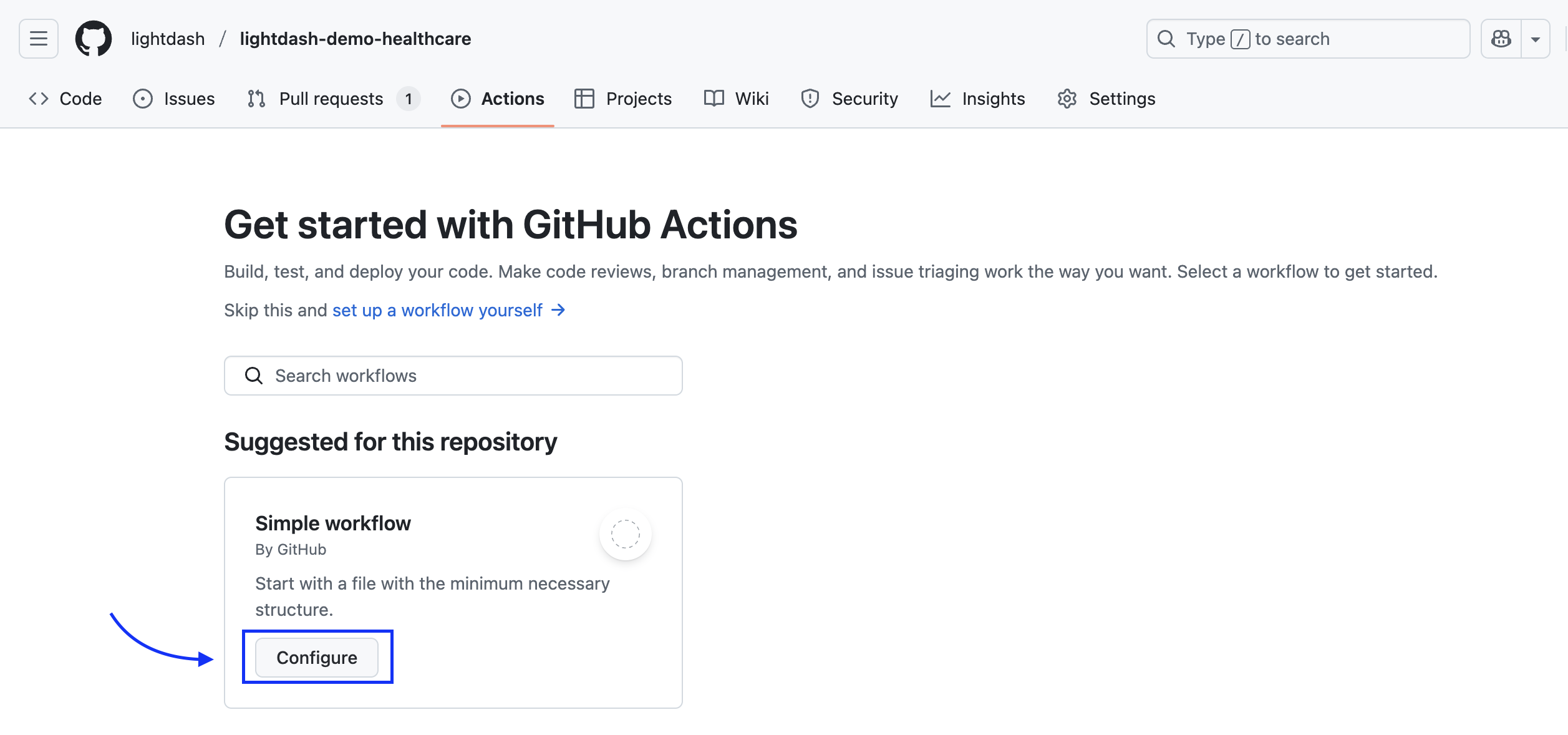 The Get started with GitHub Actions page with the Configure button on the Simple workflow card highlighted