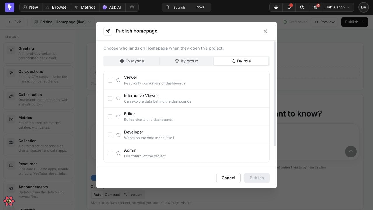 The Publish homepage dialog with Everyone, By group, and By role audiences and the built-in project roles listed