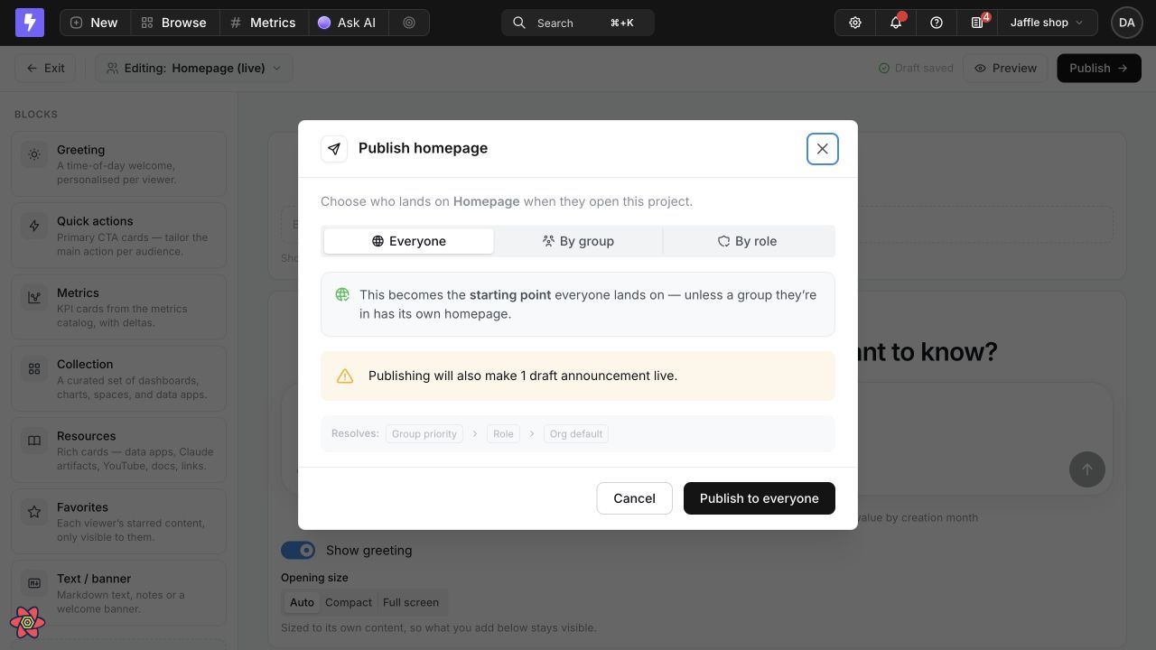 The Publish homepage dialog warning that publishing will also make one draft announcement live
