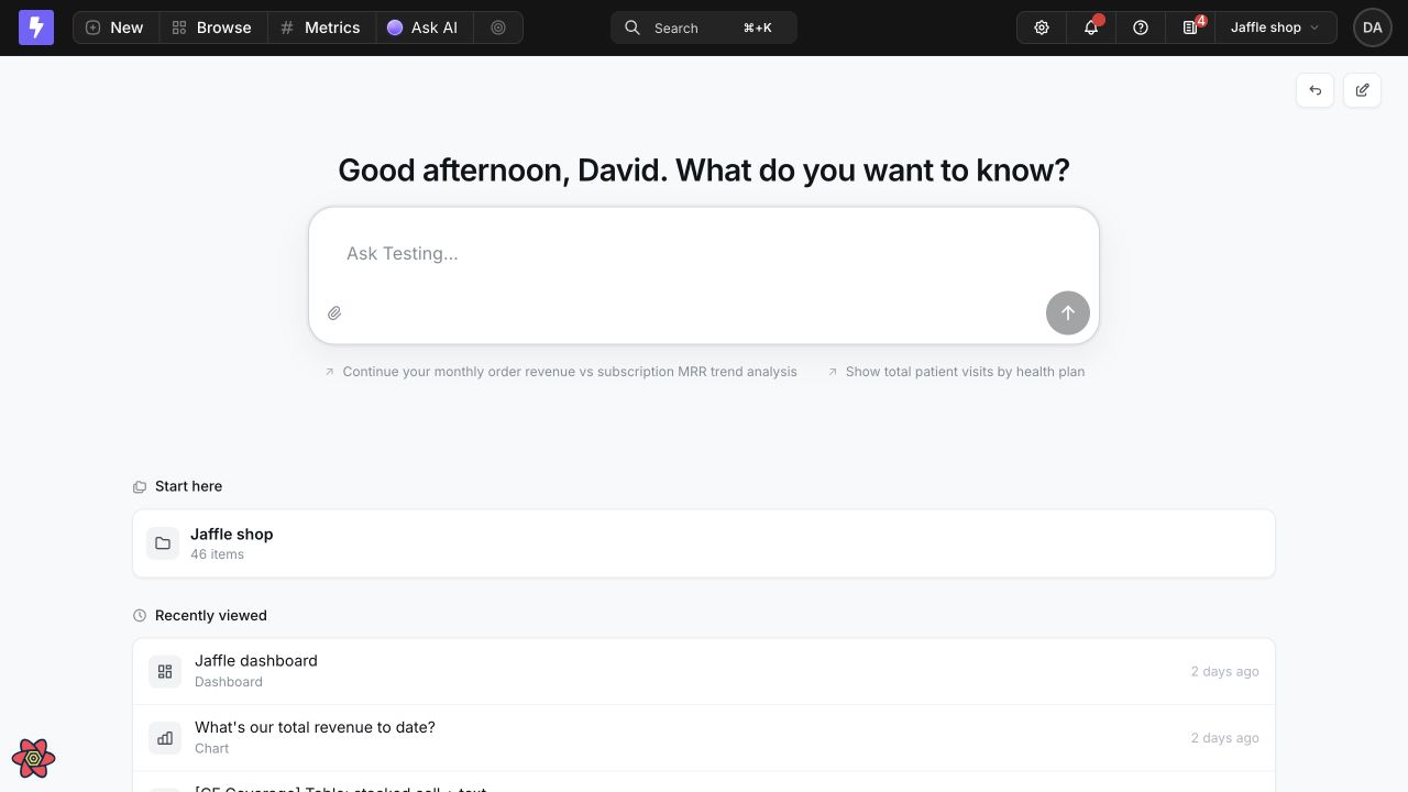 A published Lightdash homepage with an Ask AI composer, a curated Start here collection, recently viewed content, and popular content