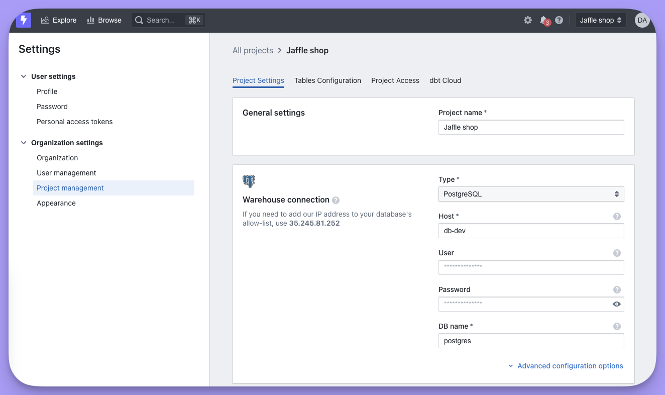 The warehouse connection panel of project settings, showing the static IP address to add to your allow-list