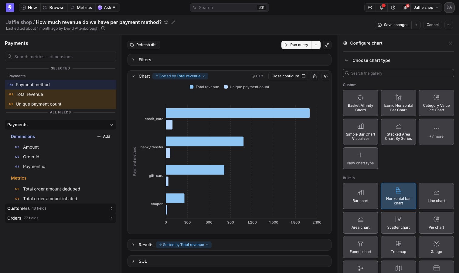 The Configure chart sidebar in the Explorer with the chart type gallery open, listing custom chart types above the built-in ones