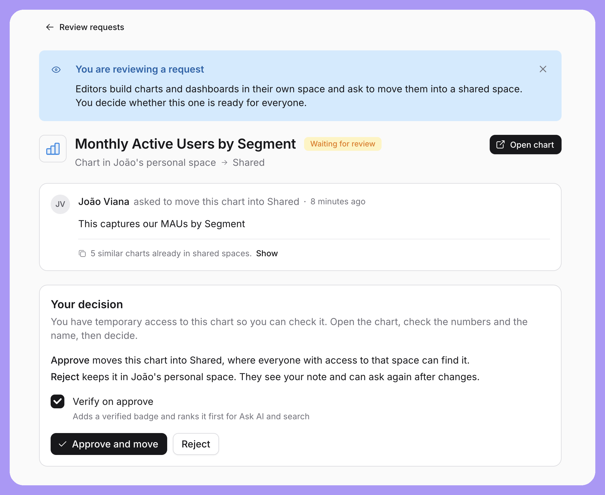 Reviewer decision view showing a pending review request with the Verify on approve option and Approve and move / Reject buttons