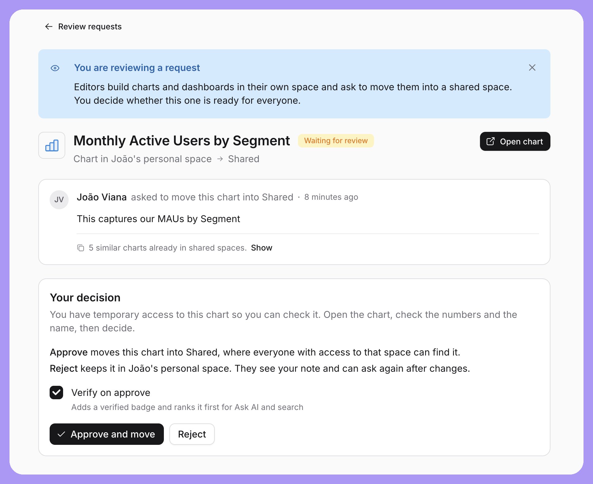 Reviewer decision view showing a pending review request with the Verify on approve option and Approve and move / Reject buttons