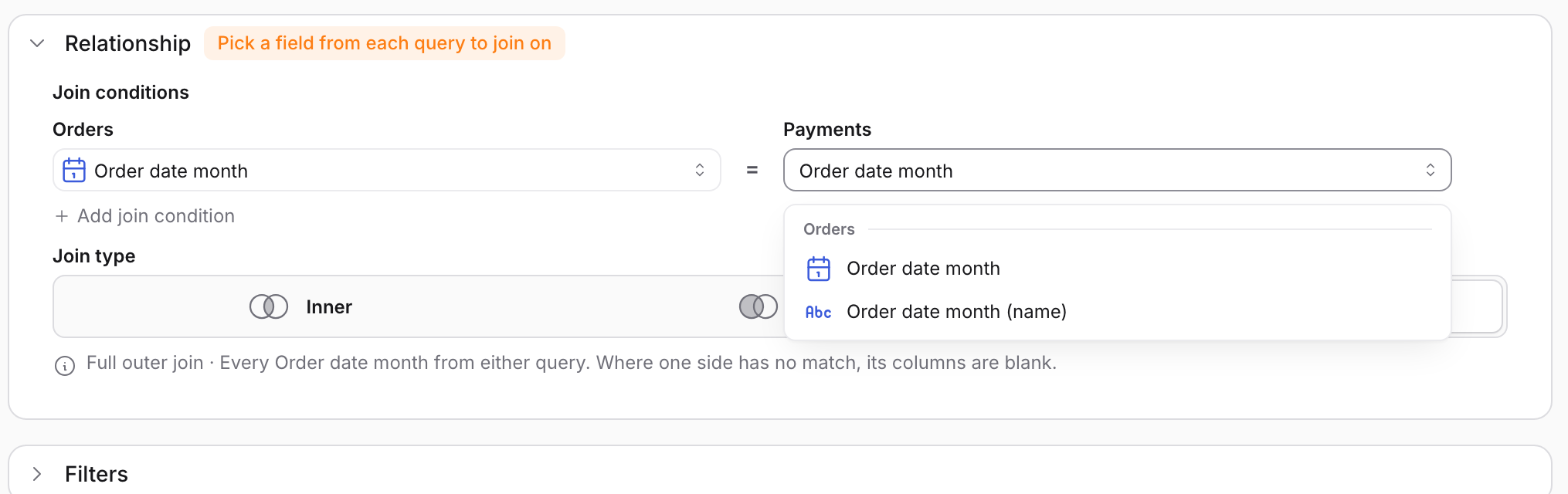 The Payments join field picker open, offering Order date month