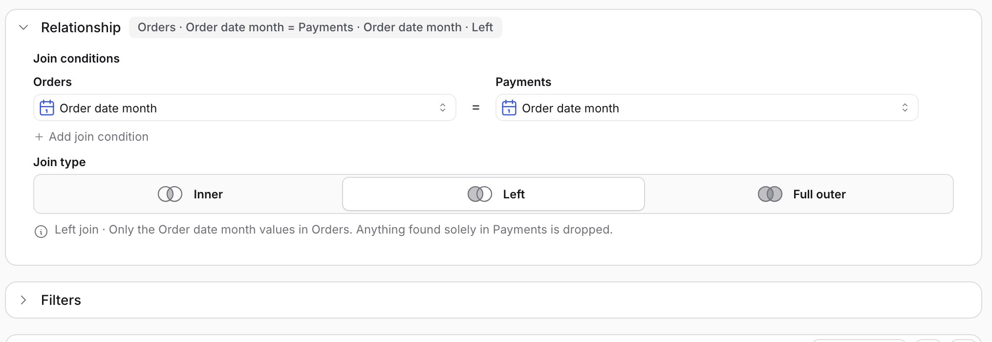 The Relationship card with both join fields set to Order date month and the Left join type selected