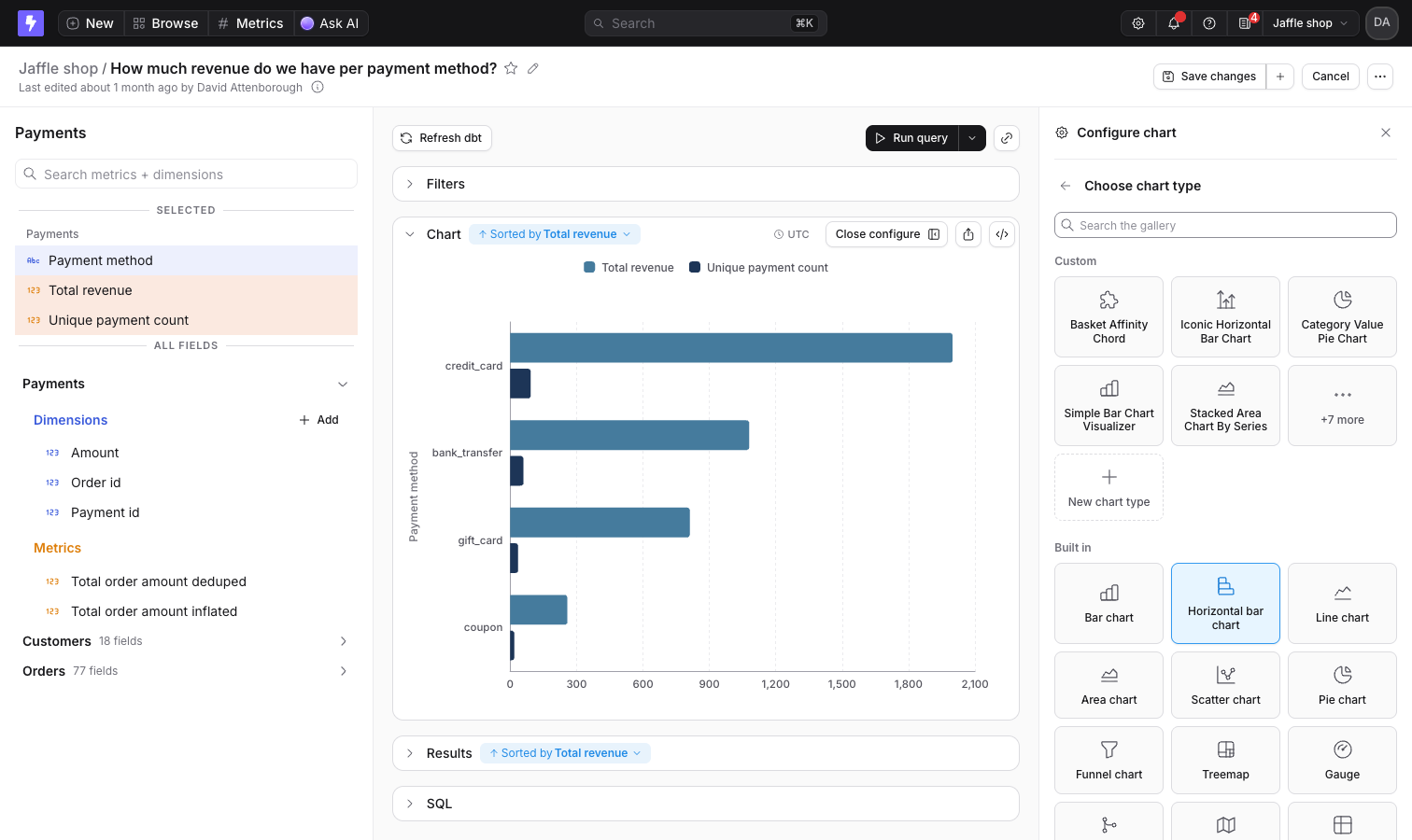 The Configure chart sidebar in the Explorer with the chart type gallery open, listing custom chart types above the built-in ones