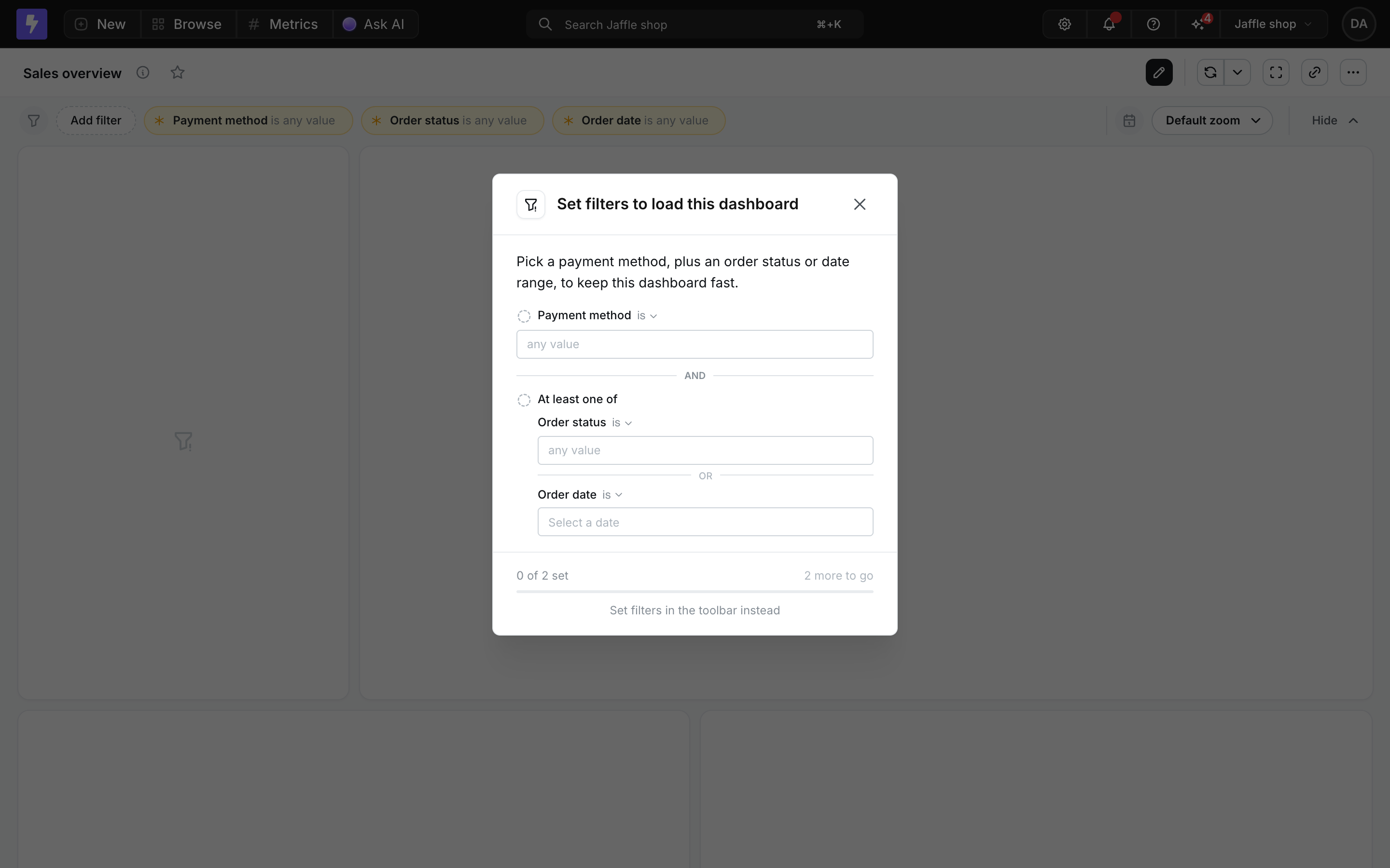 The guided setup card on the Sales overview dashboard, prompting viewers to set Payment method plus at least one of Order status or Order date, with locked tiles behind it