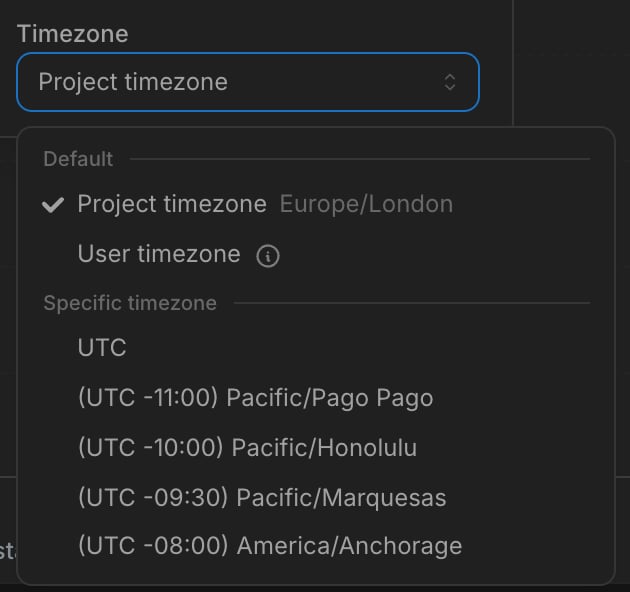 The Run query settings dropdown in Explore, showing the Timezone picker alongside Auto-fetch results and Row limit