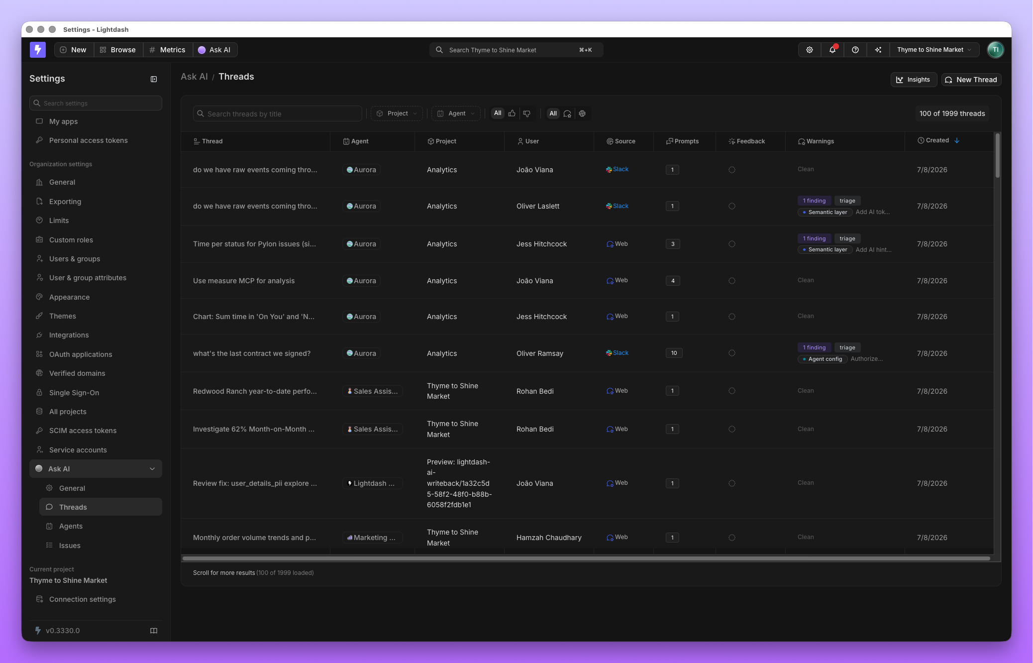 Threads tab in Ask AI settings showing a list of agent conversations across projects