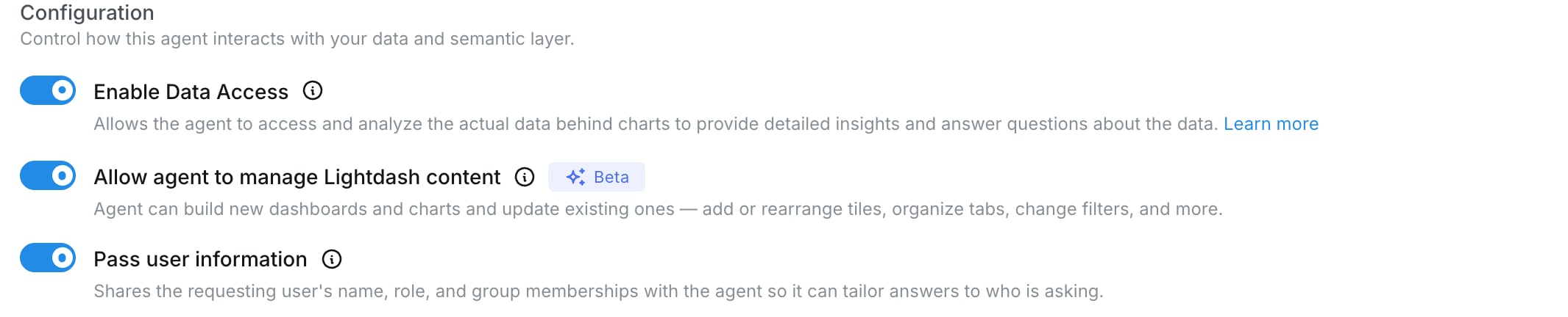 Pass user information toggle in AI agent Data Access settings
