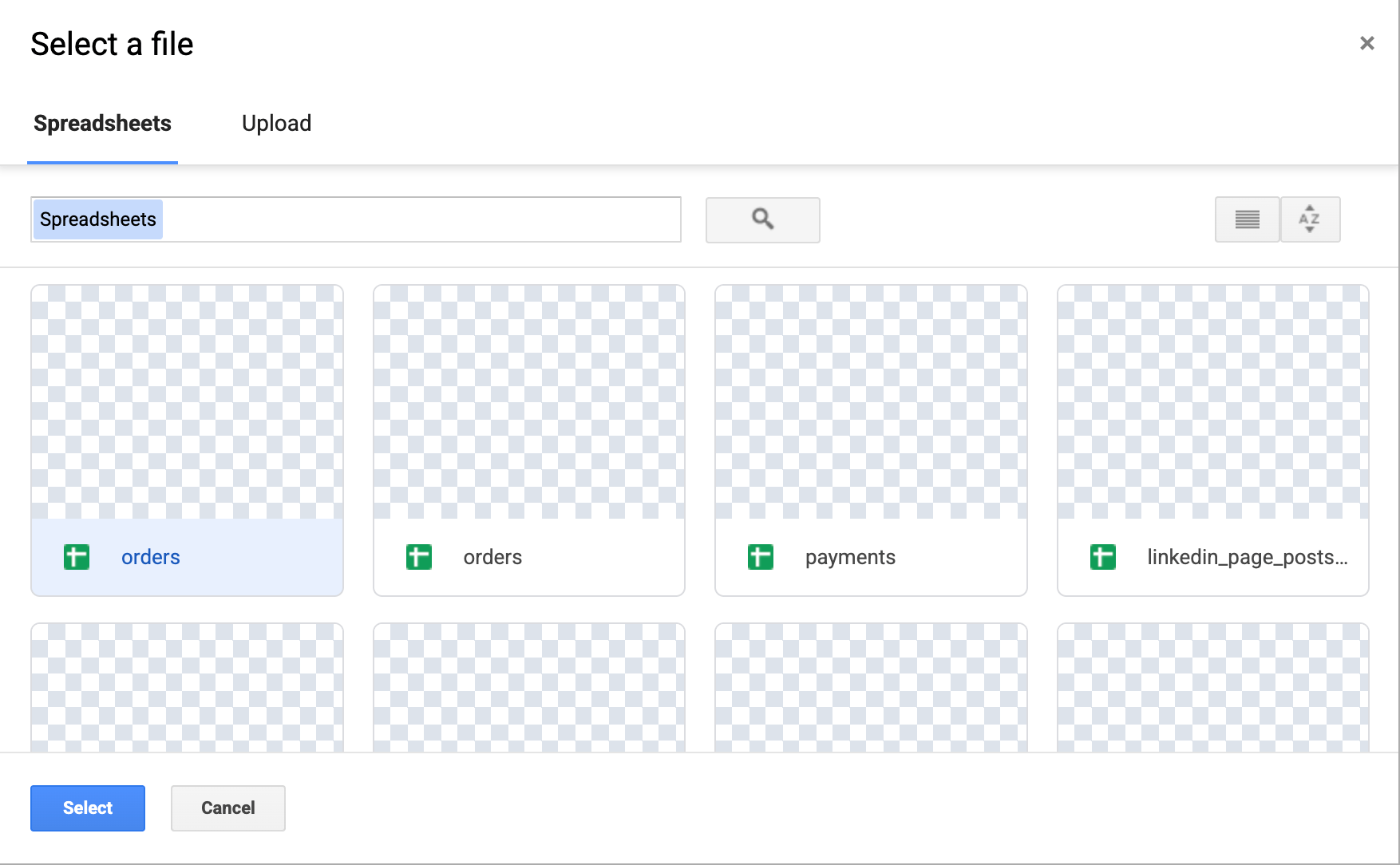 Google's file picker listing the spreadsheets available to sync to