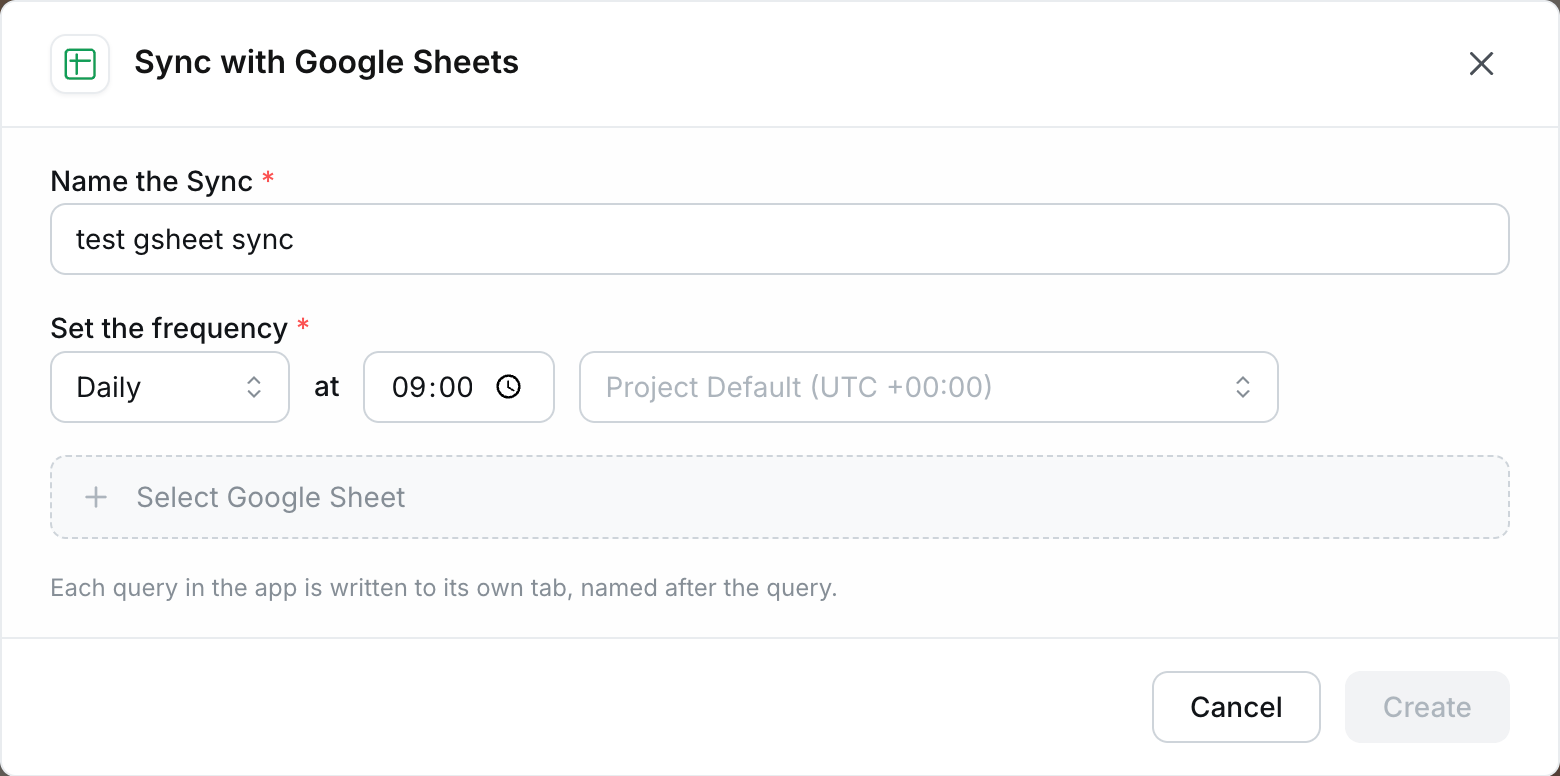 The Sync with Google Sheets create form for a data app, with name, frequency, and Select Google Sheet controls
