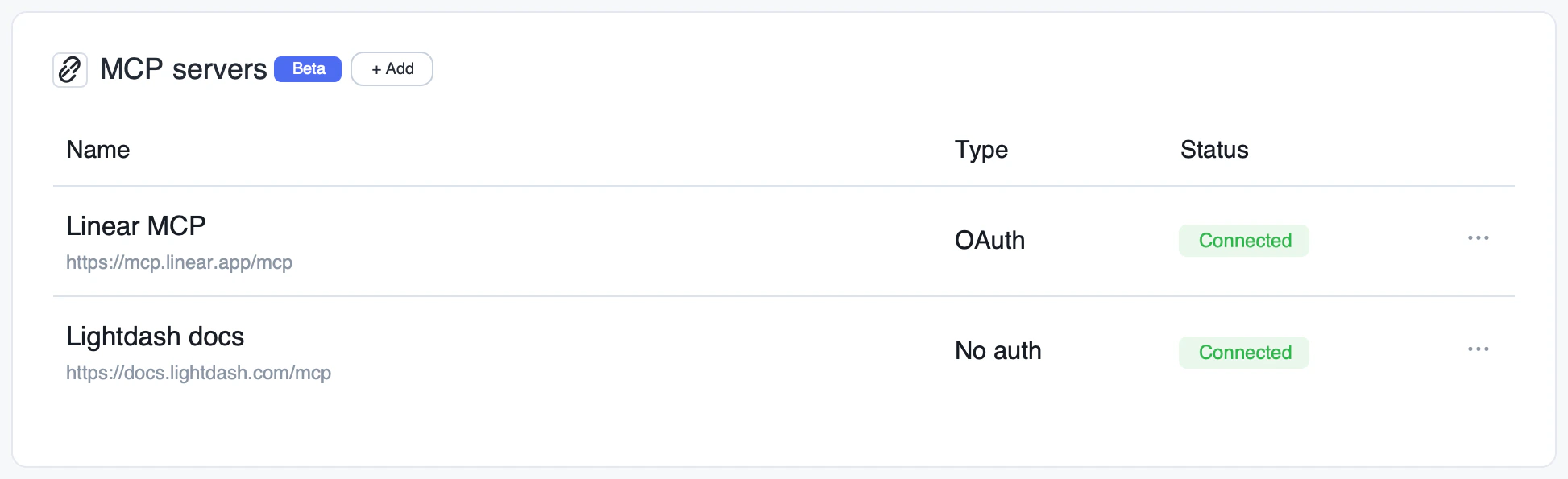 MCP servers list in project settings showing a Linear MCP server with OAuth and a Lightdash docs server with no auth, both connected