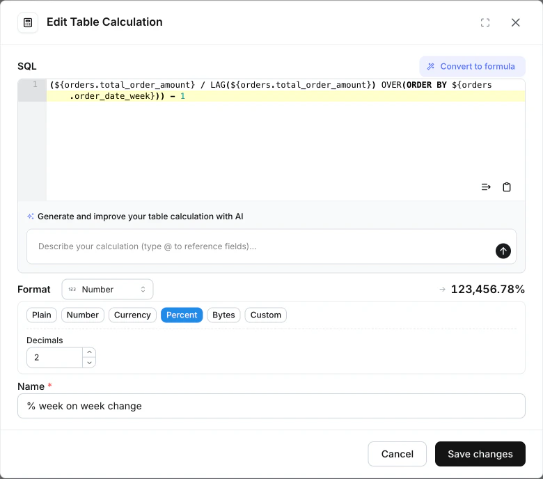 Add table calculation modal with SQL editor and inline format options