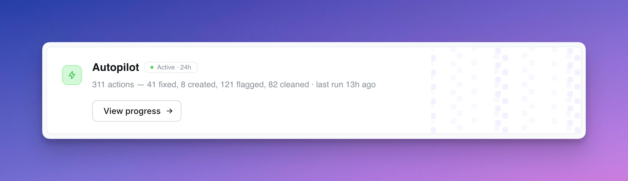 Autopilot card on the project home page showing run summary