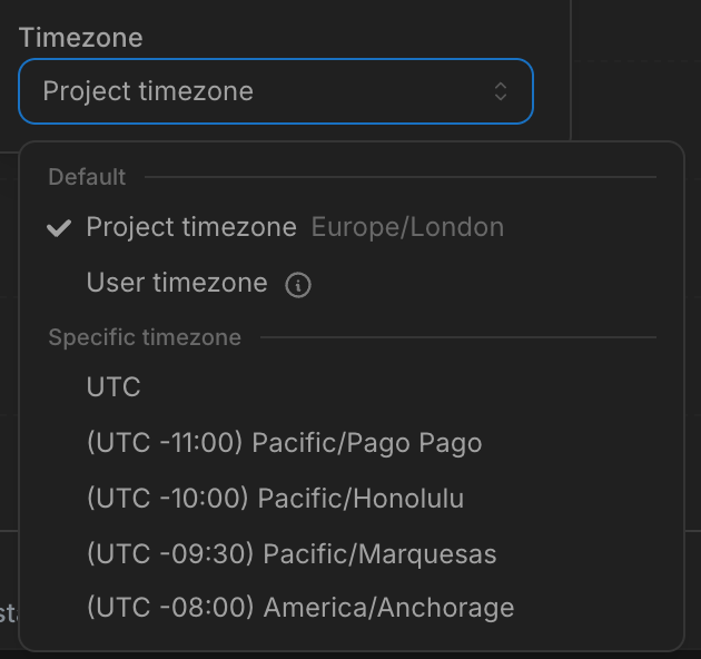 The Run query settings dropdown in Explore, showing the Timezone picker alongside Auto-fetch results and Row limit