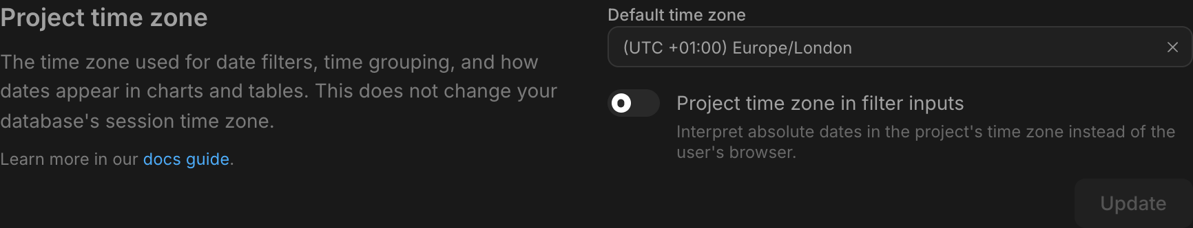 The Project time zone settings page with the Project time zone in filter inputs toggle