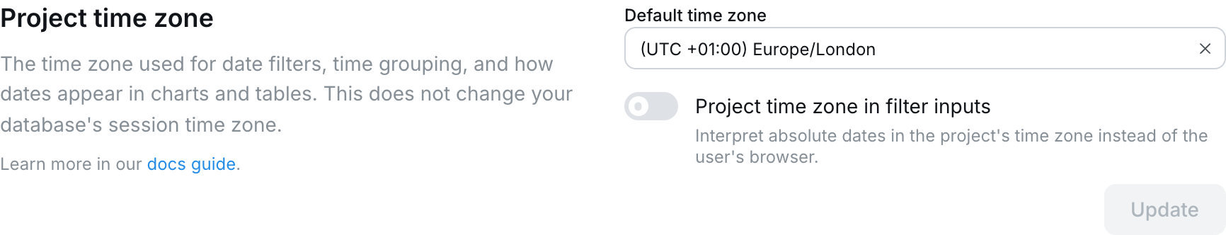 The Project time zone settings page with the Project time zone in filter inputs toggle