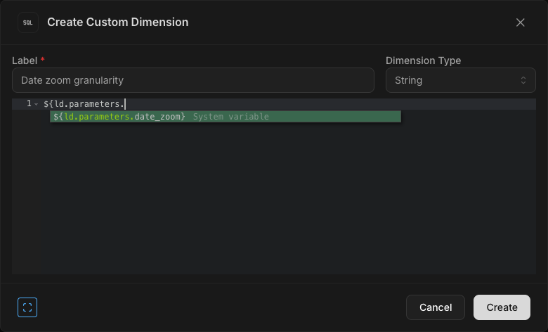 Custom SQL autocomplete showing the date_zoom reserved parameter labelled as a System variable