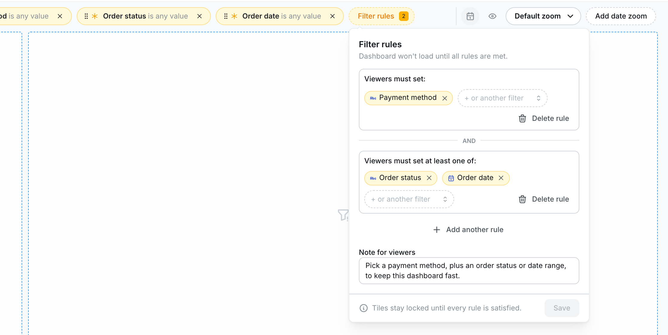 The Filter rules popover on the Sales overview dashboard, showing a required Payment method filter and an at-least-one-of group with Order status and Order date