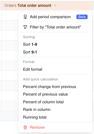 Quick calculation menu on a metric column