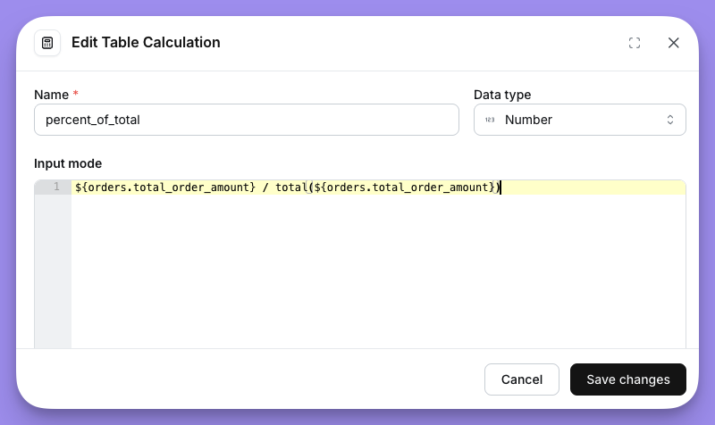 Edit Table Calculation dialog with a percent_of_total formula using total()