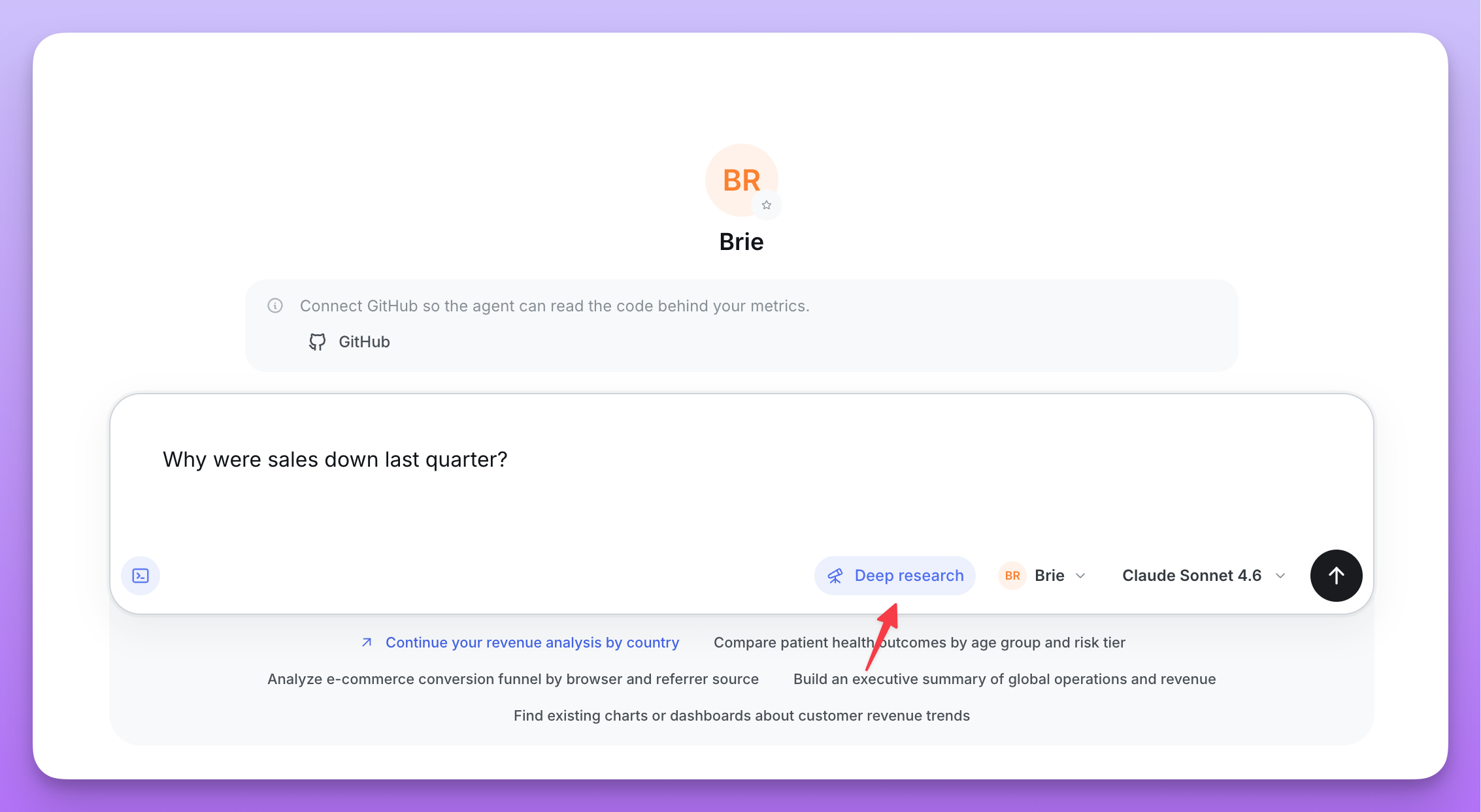 Ask AI composer with Deep research mode enabled and highlighted by an arrow