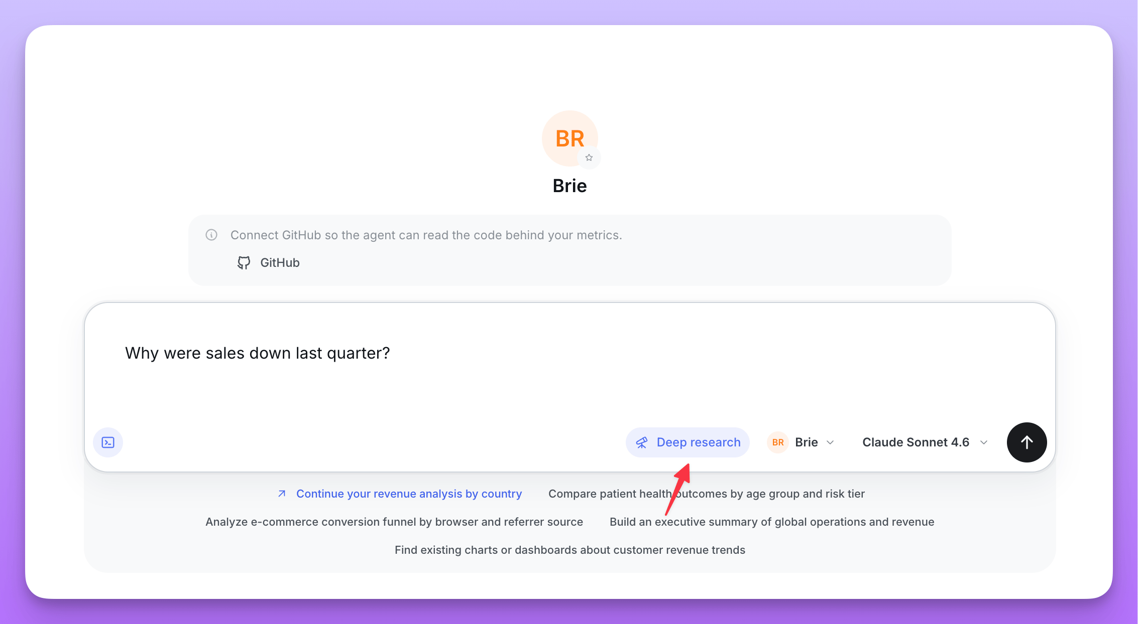 Ask AI composer with Deep research mode enabled and highlighted by an arrow