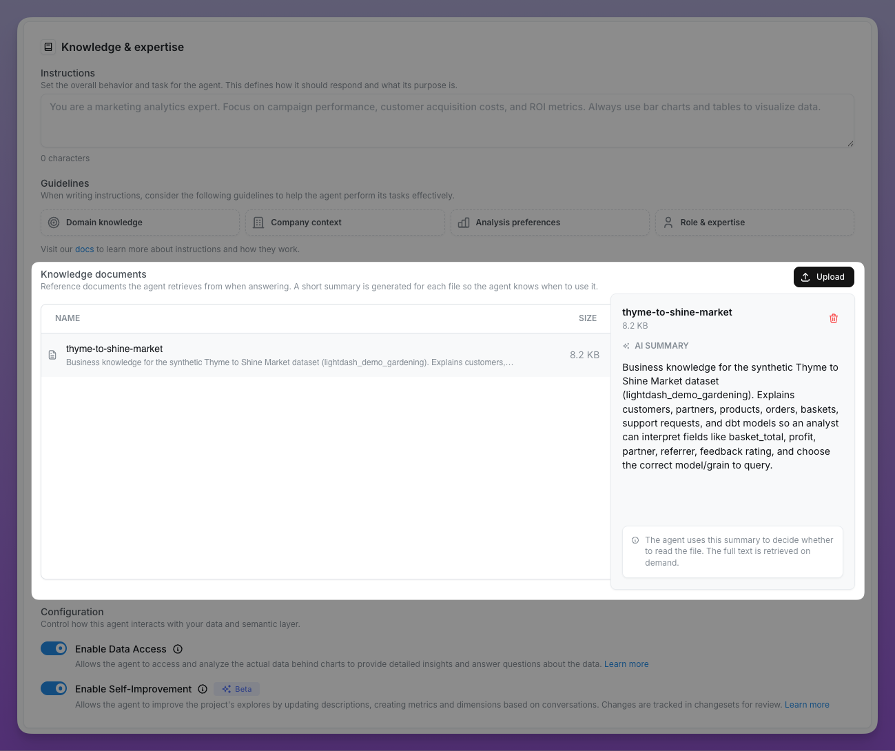Knowledge documents section in agent settings