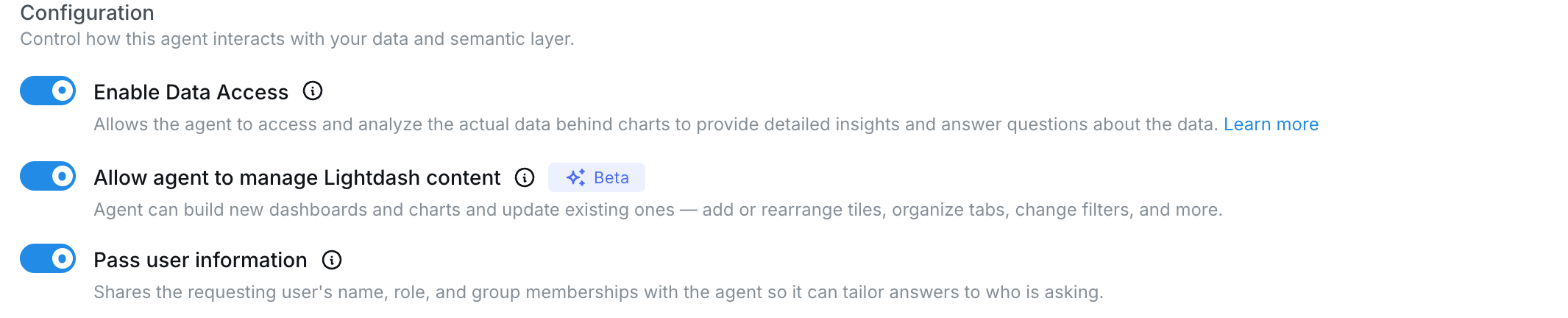 Pass user information toggle in AI agent Data Access settings