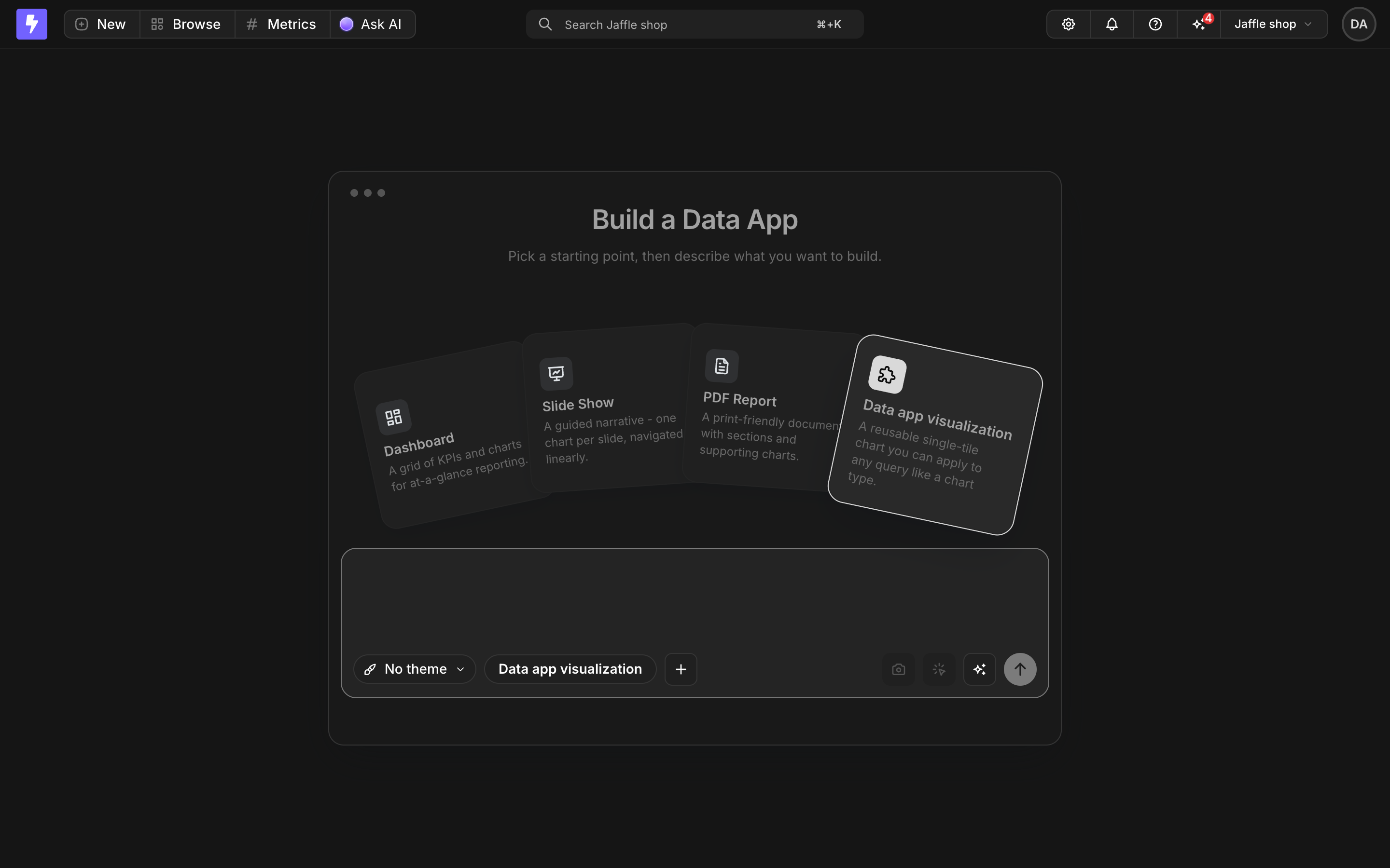The Data app visualization template card in the app generator