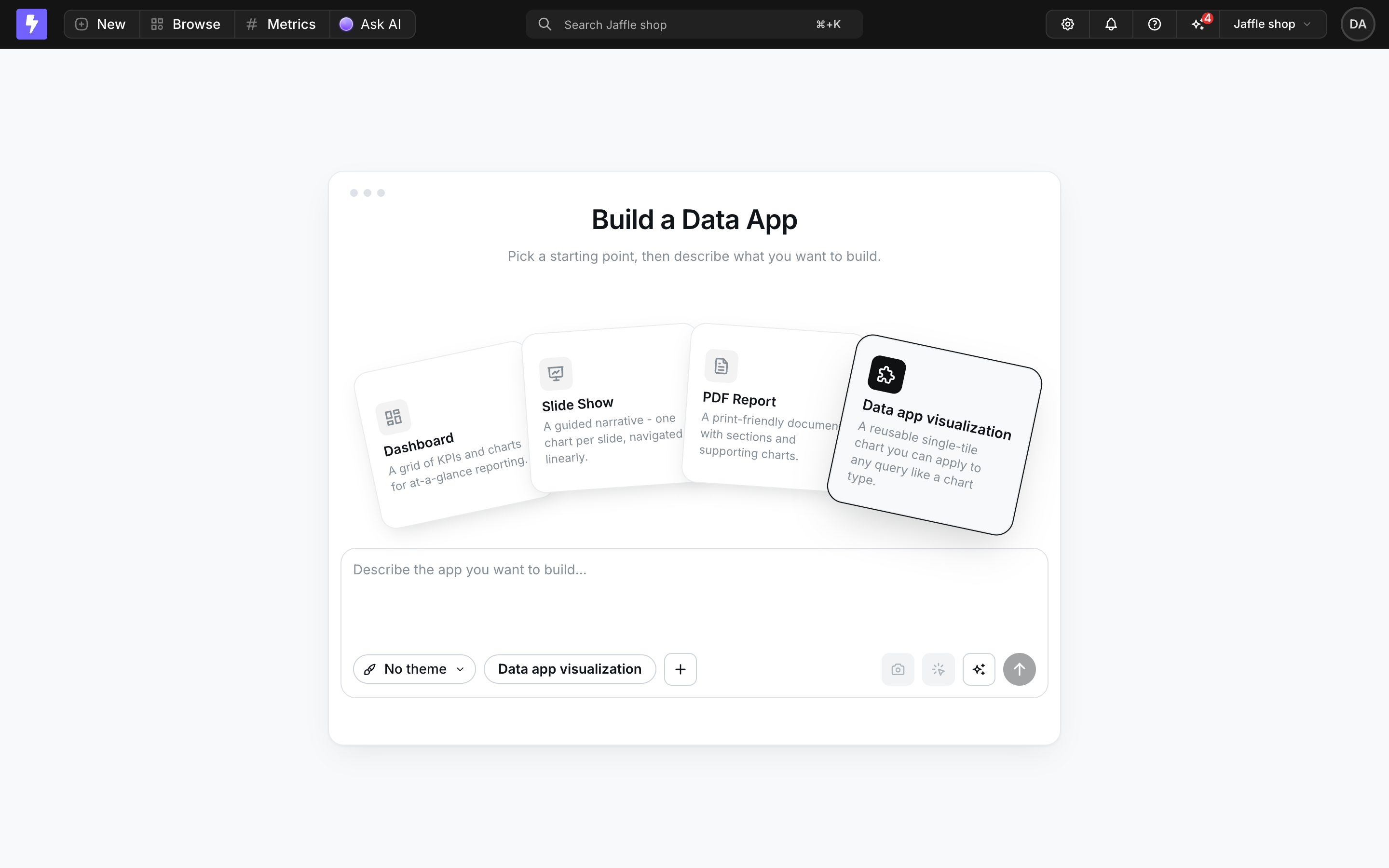 The Data app visualization template card in the app generator