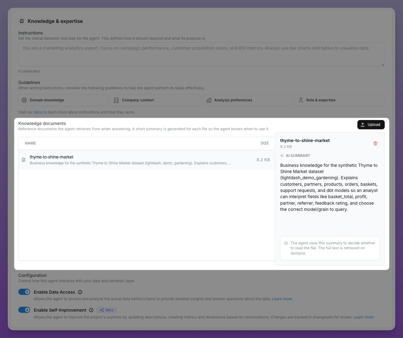 Knowledge documents section in agent settings