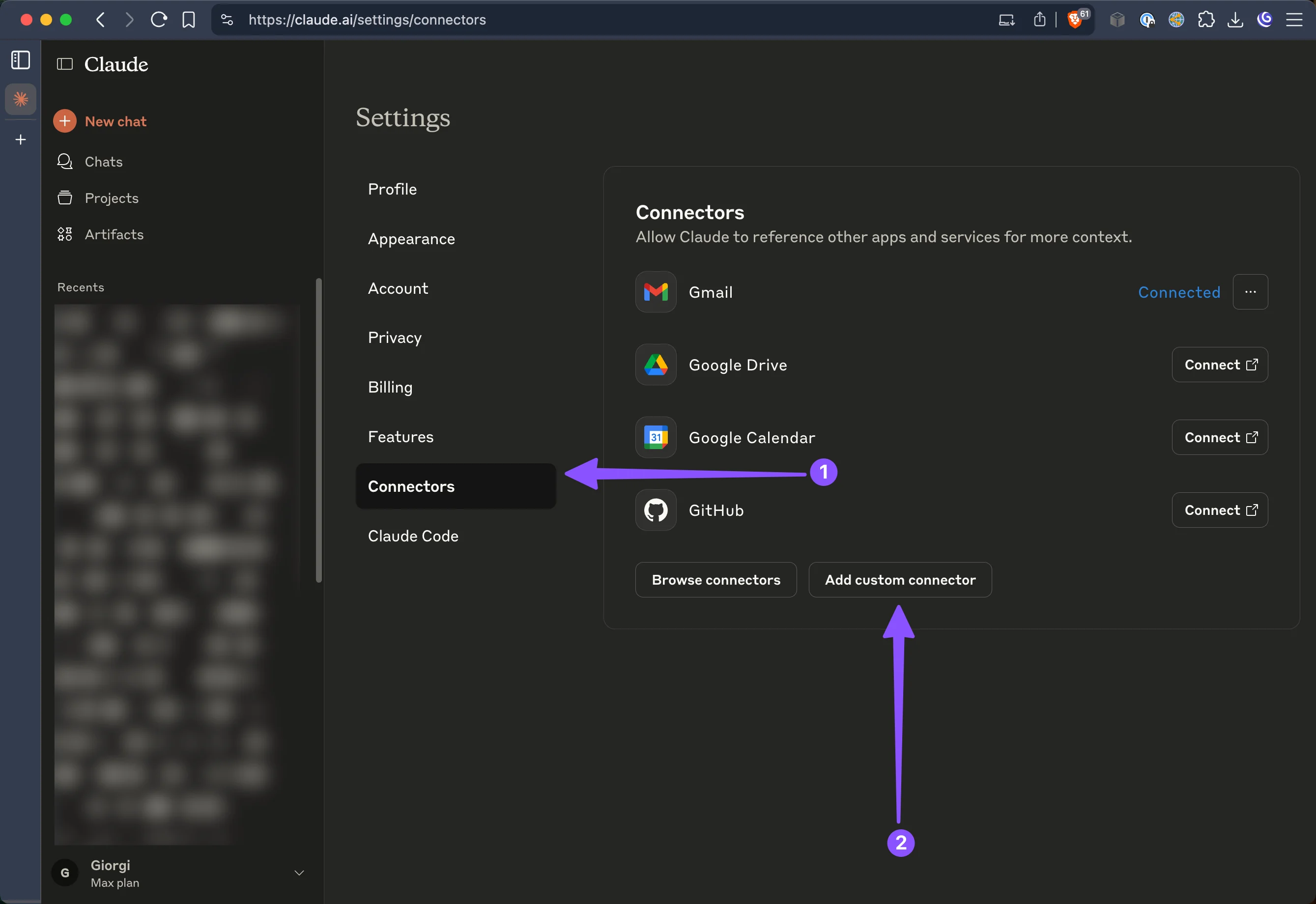Select Connectors from the sidebar menu, then click Add custom connector button