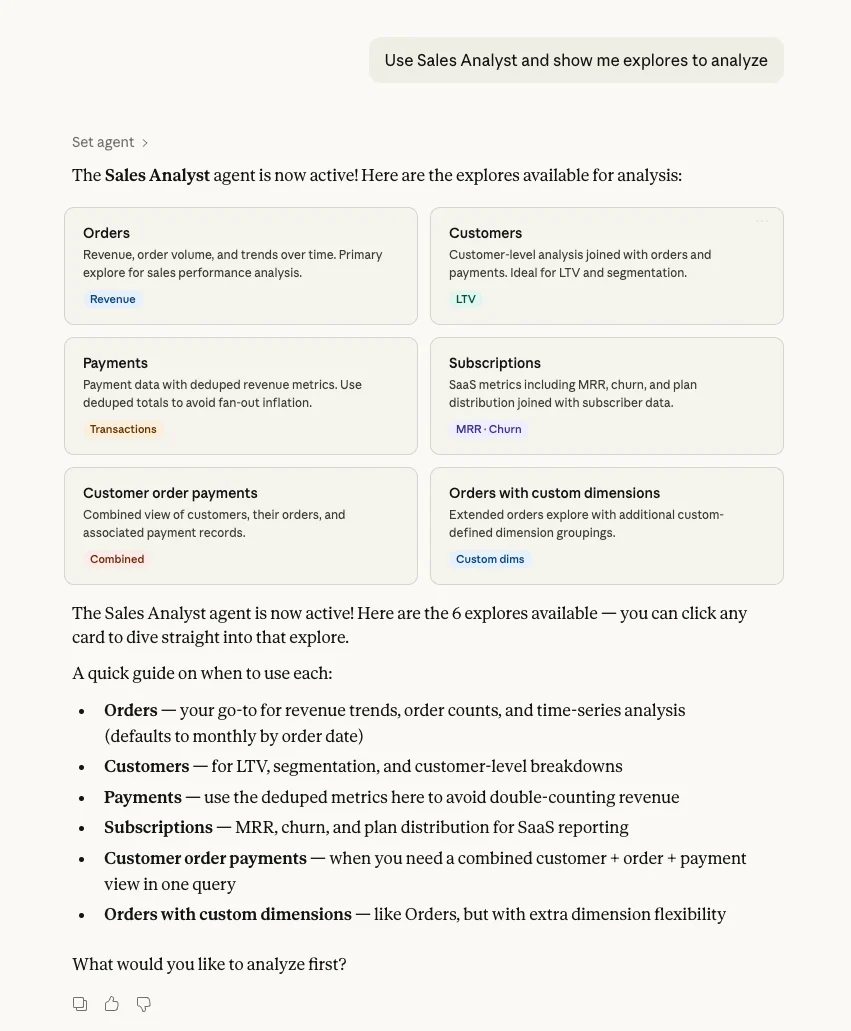 Setting an AI agent and viewing its available explores