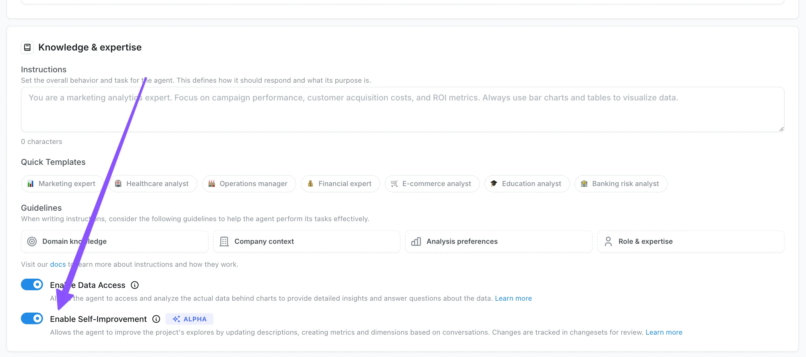 Enable self-improvement toggle