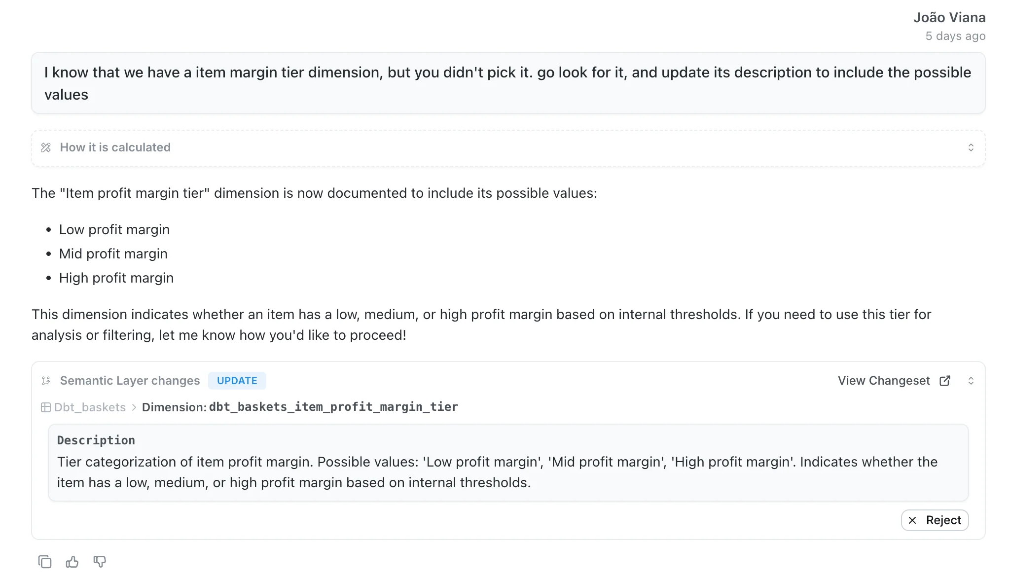 Self-improvement changes in chat updating a description of a dimension