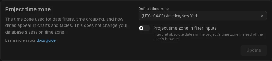 Project query timezone field in Project Settings