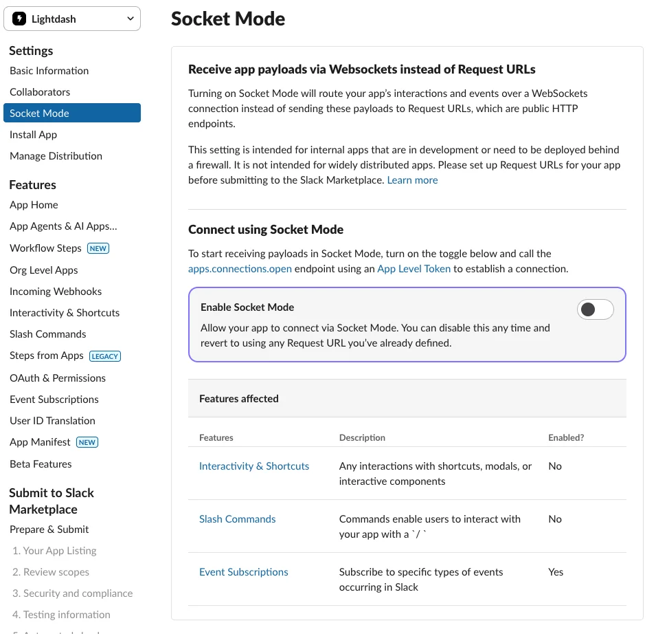 Enable Socket Mode in Slack App settings